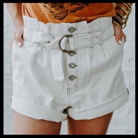 Free People Cindy Utility Paper Bag Button Shorts - Picture 1 of 7